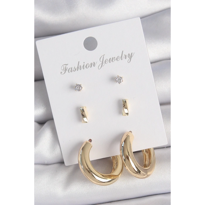 Pirinç Gold Renk Zirkon Taşlı Halka Model 3 Çift Kadın Küpe Seti