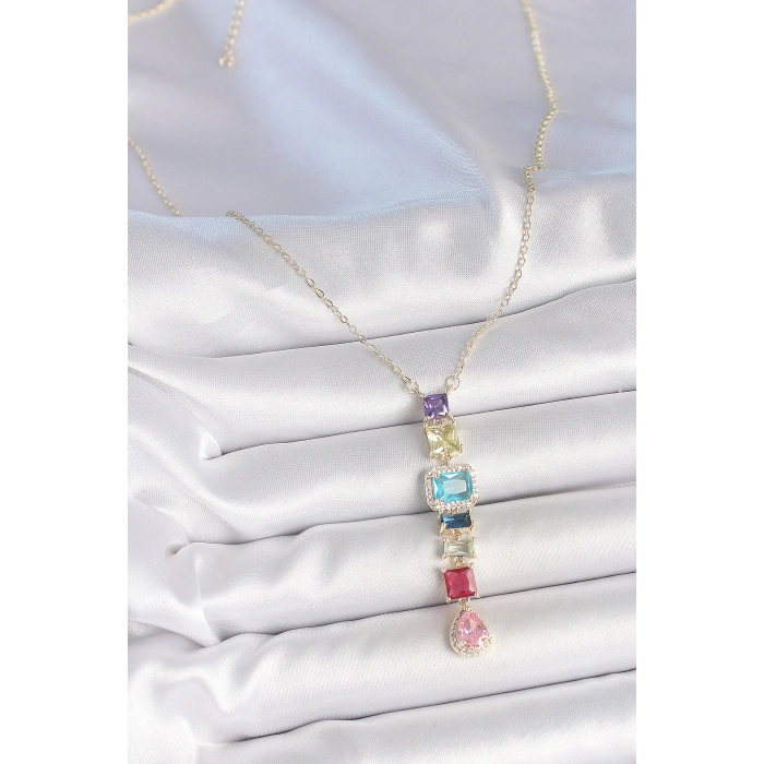 Gold Karışık Renk Zirkon Taşlı Y Pirinç Kolye