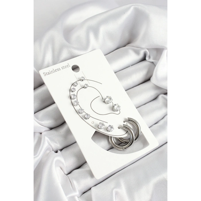 316L Çelik Halka Figürlü Ve Zirkon Taşlı Gümüş Renk 7li Çift Kadın Küpe Set