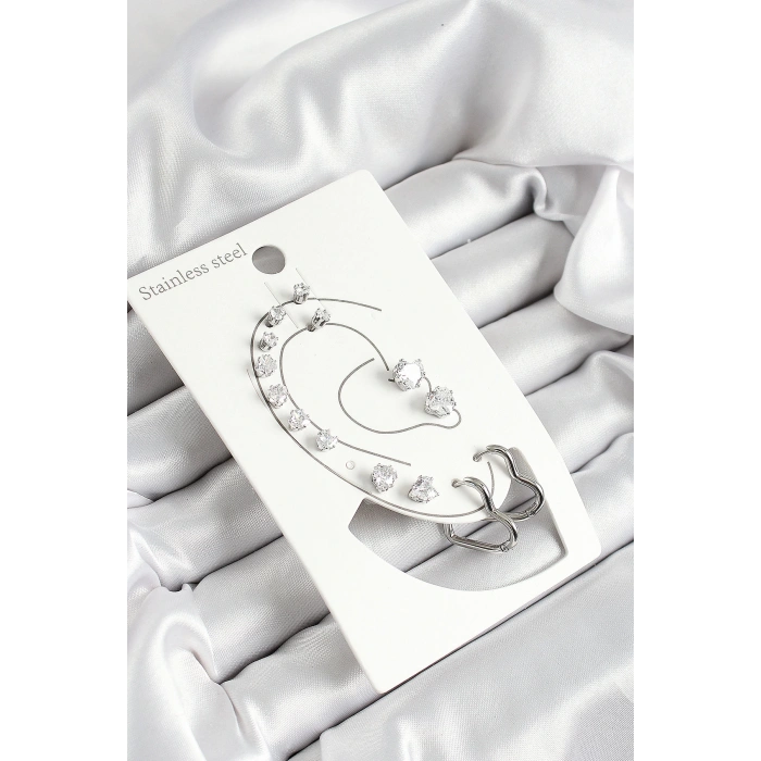 316L Çelik Kalp Figürlü Ve Zirkon Taşlı Gümüş Renk 7li Çift Kadın Küpe Set