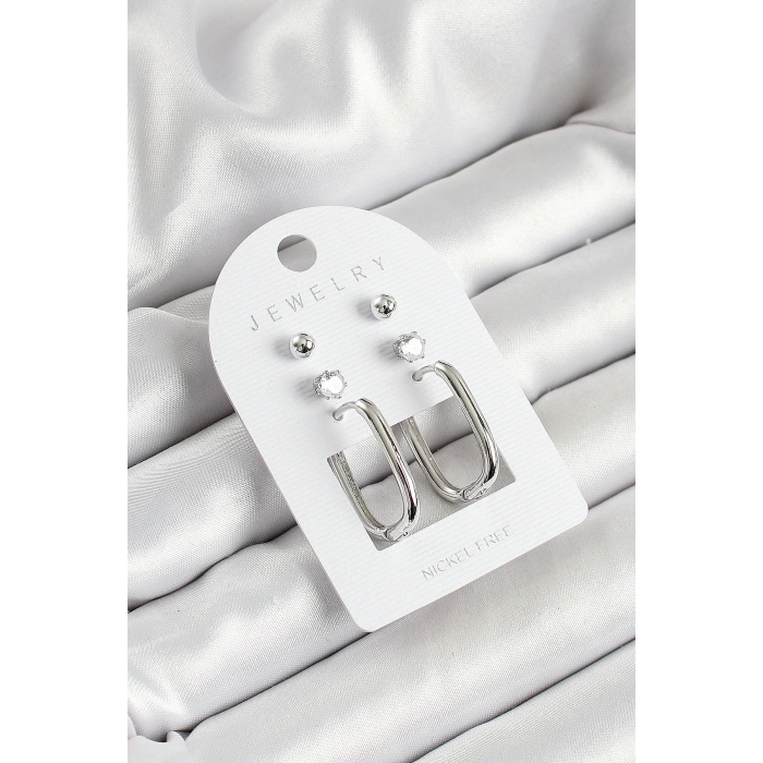 Pirinç Zirkon Taş Ve Dikdörtgen Figürlü Gümüş Renk 3lü Çift Kadın Küpe Set