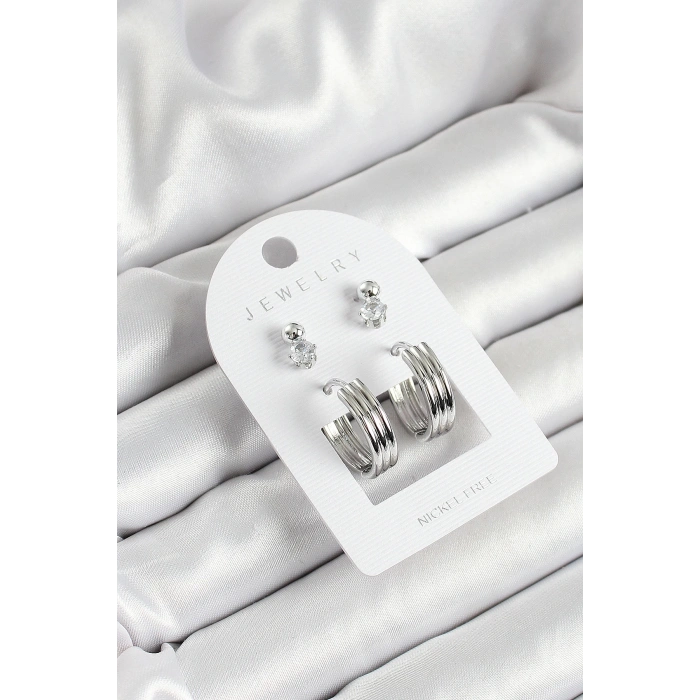 Pirinç Zirkon Taş Ve Halka Figürlü Gümüş Renk 3lü Çift Kadın Küpe Set