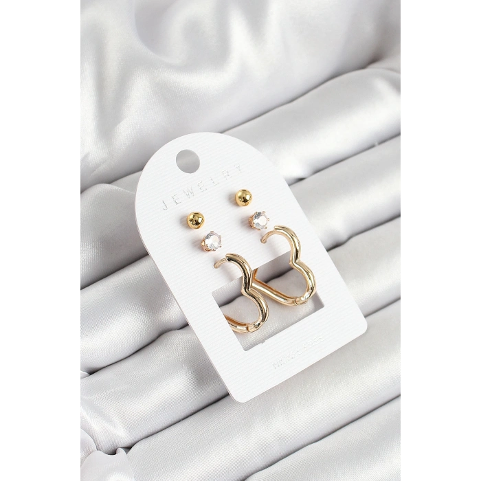 Pirinç Zirkon Taş Ve Kalp Figürlü Gold Renk 3lü Çift Kadın Küpe Set