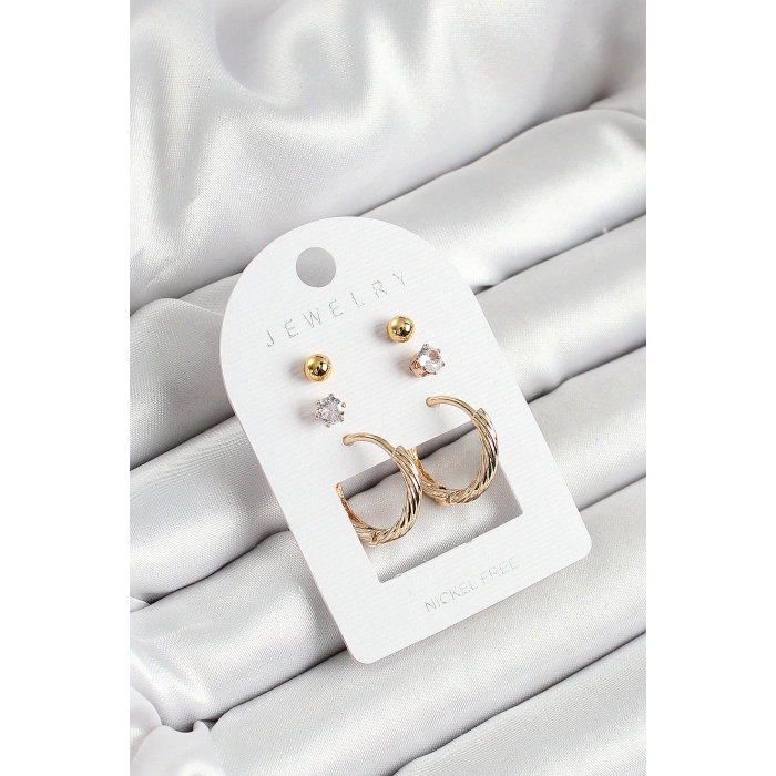 Pirinç Zirkon Taş Ve Halka Figürlü Gold Renk 3lü Çift Kadın Küpe Set