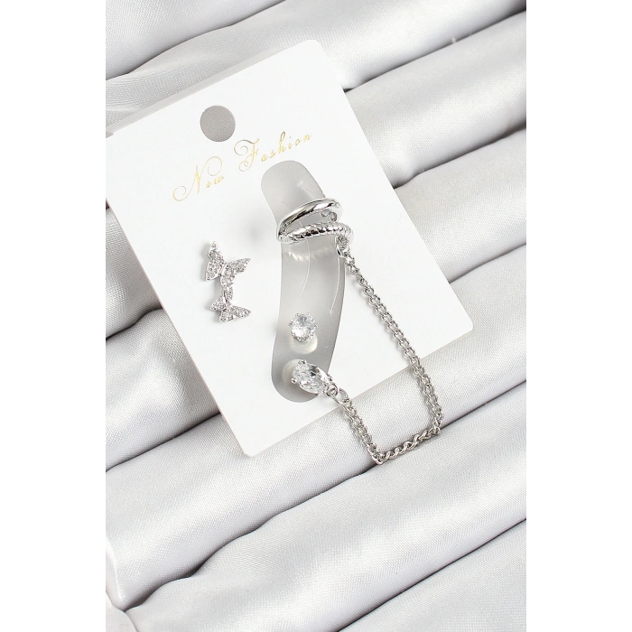 Pirinç Kelebek Figürlü Zirkon Taşlı Gümüş Renk 3lü Kıkırdak Kadın Küpe Set