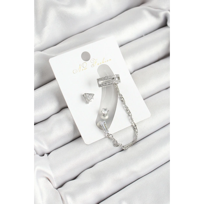 Pirinç Üçgen Figürlü Zirkon Taşlı Gümüş Renk 3lü Kıkırdak Kadın Küpe Set