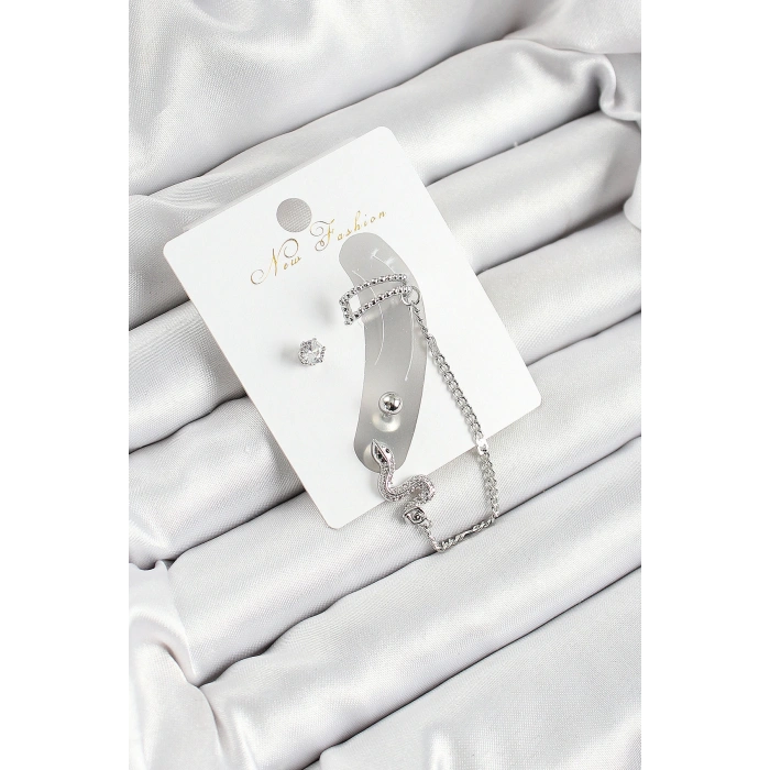 Pirinç Yılan Figürlü Zirkon Taşlı Gümüş Renk 3lü Kıkırdak Kadın Küpe Set