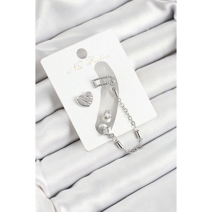Pirinç Kalp Figürlü Zirkon Taşlı Gümüş Renk 3lü Kıkırdak Kadın Küpe Set