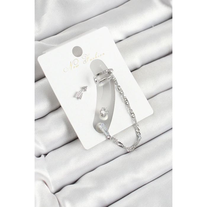 Pirinç Ok Figürlü Zirkon Taşlı Gümüş Renk 3lü Kıkırdak Kadın Küpe Set