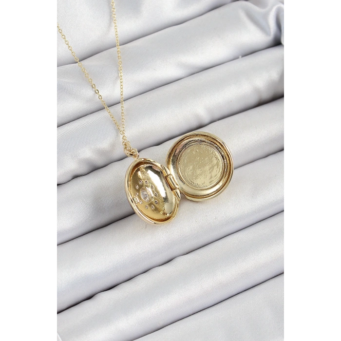 316L Çelik Zincir Açılabilir Madalyon Model Zirkon Taşlı Gold Renk Kadın Kolye