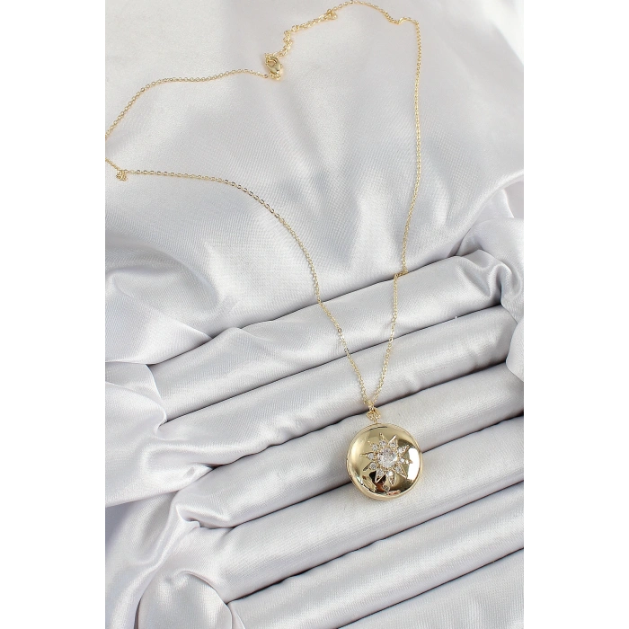 316L Çelik Zincir Açılabilir Madalyon Model Zirkon Taşlı Gold Renk Kadın Kolye