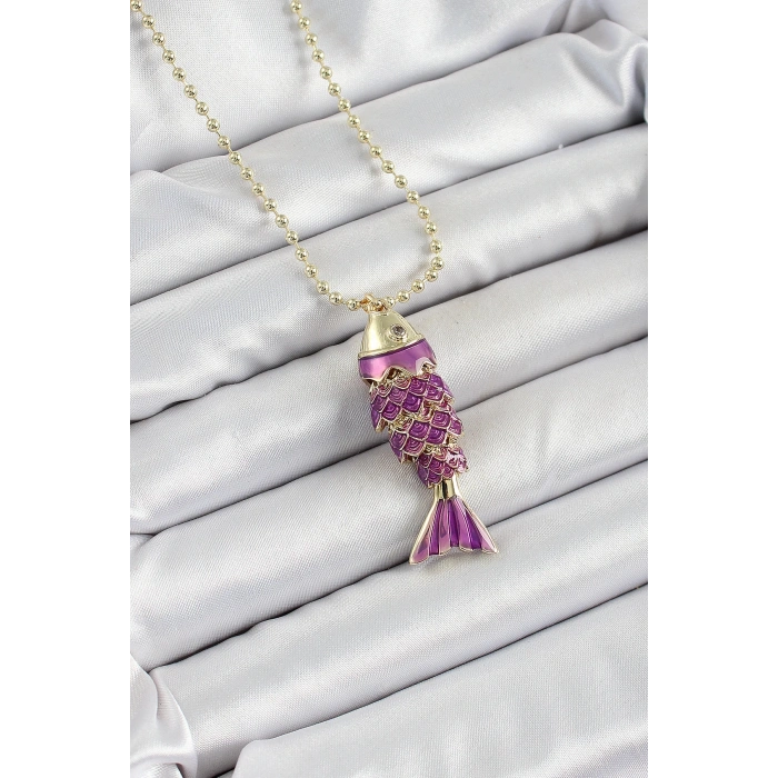 Pirinç Mor Balık Model Zirkon Taşlı Gold Renk Kadın Kolye