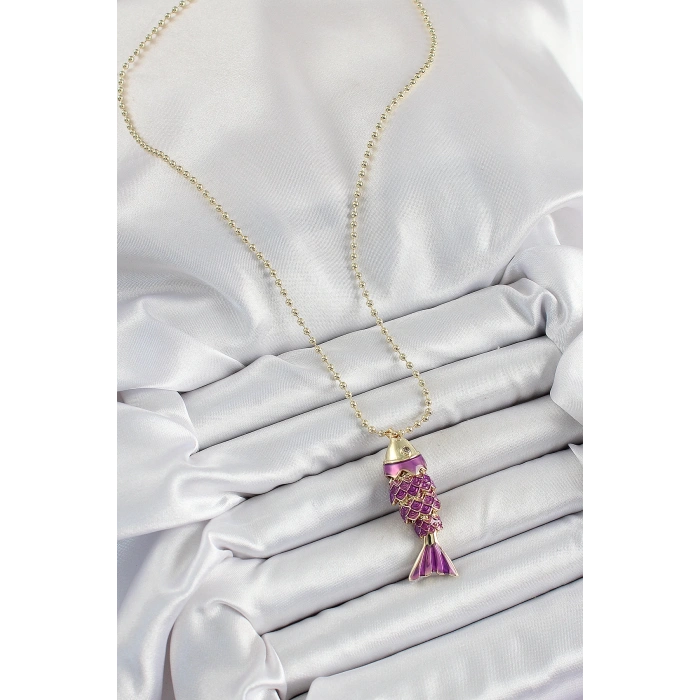 Pirinç Mor Balık Model Zirkon Taşlı Gold Renk Kadın Kolye