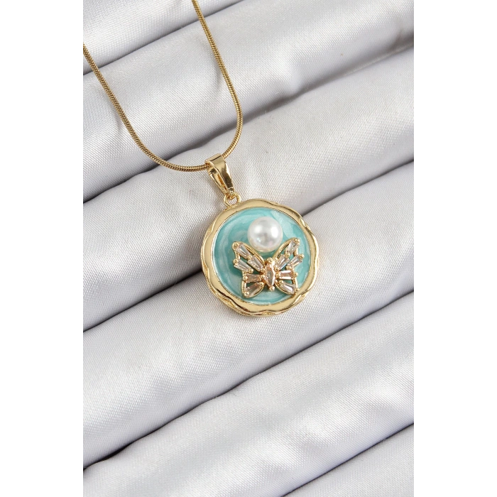 316L Çelik Zincir Zirkon Taşlı Turkuaz Sanatsal Portre İnci Detaylı Kelebek Model Gold Renk Kadın Kolye