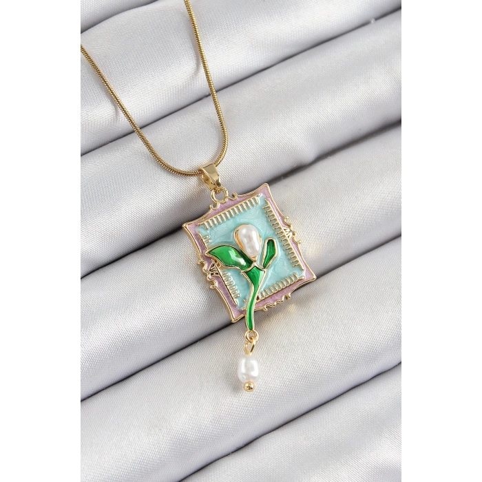 316L Çelik Zincir Turkuaz Sanatsal Portre Sallantılı İnci Detaylı Lale Model Gold Renk Kadın Kolye