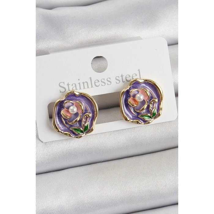 Pirinç Mor Mineli Çiçek Figürlü Sanatsal Portre Model Gold Renk Kadın Küpe