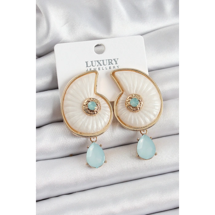 Pirinç Sedef Deniz Kabuğu Figürlü Zirkon Taşlı Gold Renk Kadın Küpe