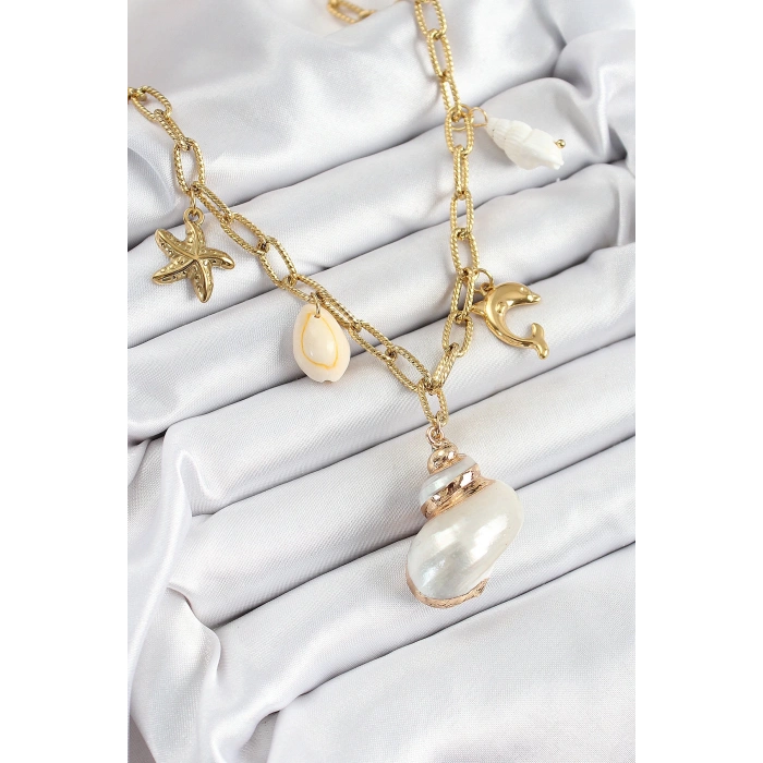 316L Çelik Gold Renk Deniz Kabuğu ve Yıldızı Konseptli Kadın Kolye