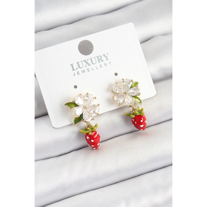 Pirinç Mineli Zirkon Taşlı Çiçek Model Sallantılı Çilek Detaylı Gold Renk Kadın Küpe