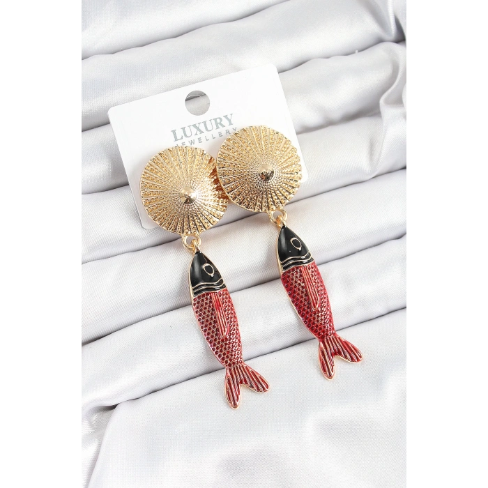 Pirinç Sallantılı Zirkon Taşlı Kırmızı Siyah Balık Model Gold Renk Kadın Küpe