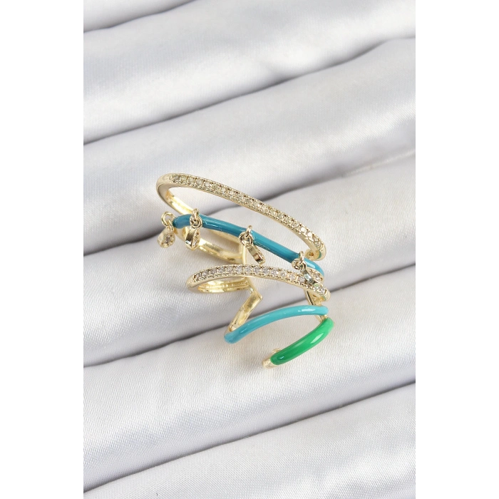 Pirinç Zirkon Taşlı Mavi Yeşil Sıkıştırma Sağ Kıkırdak Gold Renk Kadın Küpe