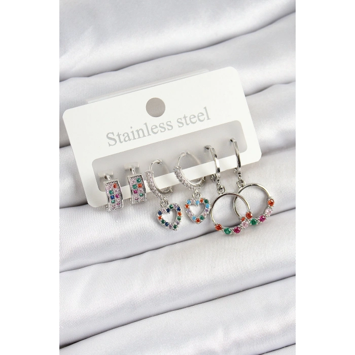 Pirinç Zirkon Taşlı Kalp Ve Halka Model Gold Renk 6lı Set Kadın Küpe