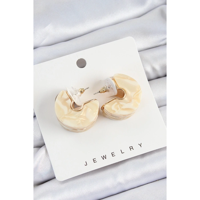 Pirinç Mermer Desenli Vintage Yarım Halka Model Gold Renk Kadın Küpe