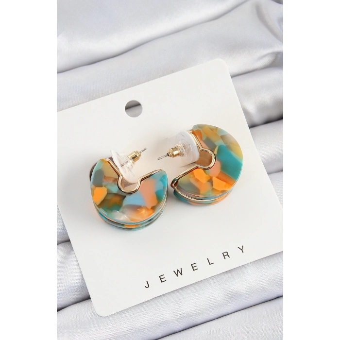 Pirinç Mermer Desenli Vintage Yarım Halka Model Gold Renk Kadın Küpe