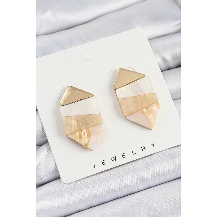 Pirinç Mermer Desenli Vintage Geometrik Model Gold Renk Kadın Küpe