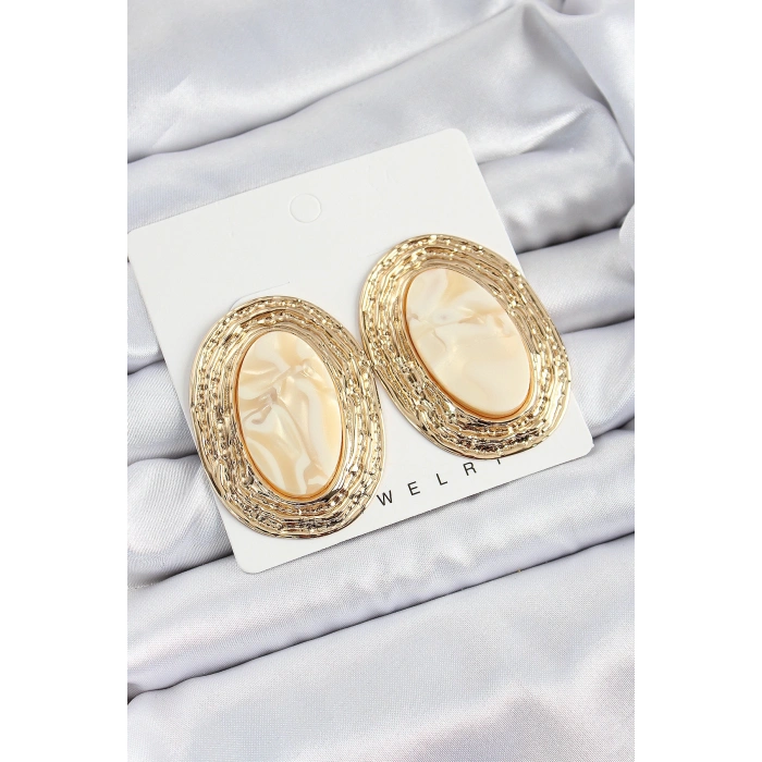 Pirinç Mermer Desenlli Bej Sedef Oval Vintage Model Gold Renk Kadın Küpe