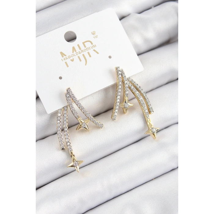 Pirinç Zirkon Taşlı Kayan Yıldız Model Gold Ve Gümüş Renk Kadın Küpe
