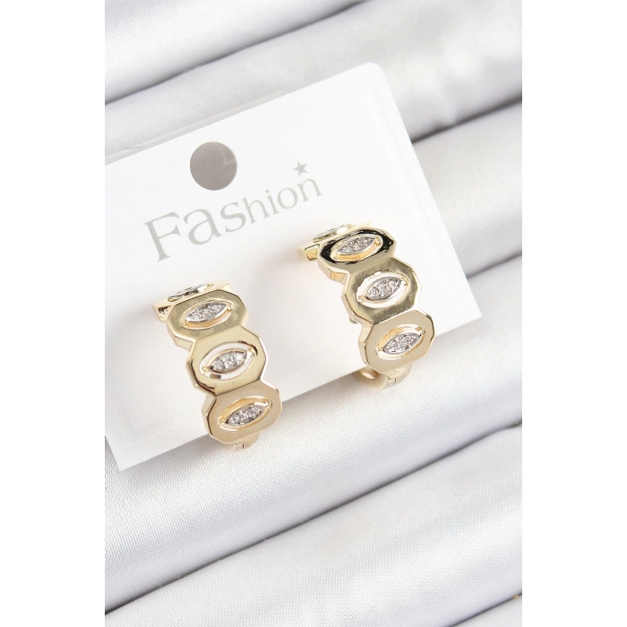 Pirinç Zirkon Taşlı Damla Figürlü Halka Model Gold Renk Kadın Küpe