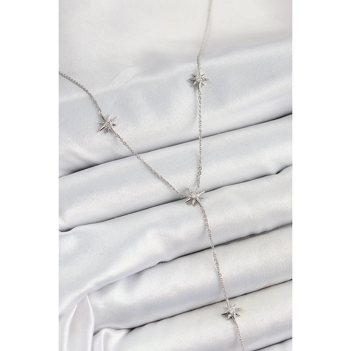 Pirinç Zirkon Taşlı Kutup Yıldız Figürlü Y Model Gümüş Renk Kadın Kolye