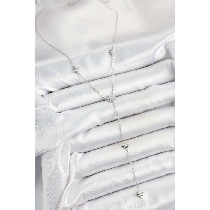 Pirinç Zirkon Taşlı Kutup Yıldız Figürlü Y Model Gümüş Renk Kadın Kolye