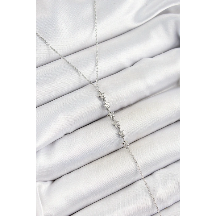 Pirinç Zirkon Taşlı Sıralı Yıldız Figürlü Y Model Gümüş Renk Kadın Kolye