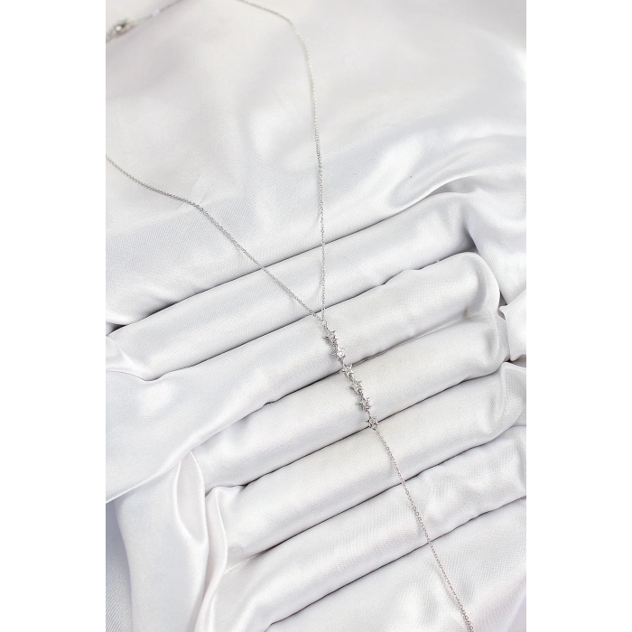 Pirinç Zirkon Taşlı Sıralı Yıldız Figürlü Y Model Gümüş Renk Kadın Kolye