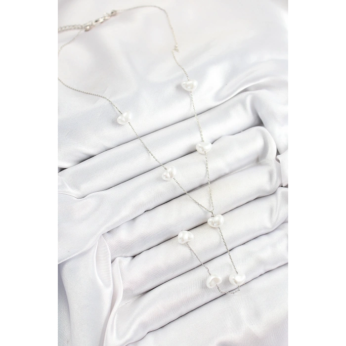 Pirinç İncili Kalp Figürlü Y Model Gümüş Renk Kadın Kolye