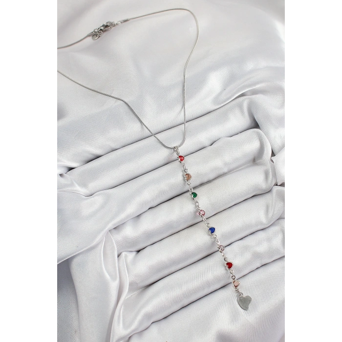 Pirinç Gümüş Renk Karışık Renk Zirkon Taşlı Kalpli Y Kadın Kolye