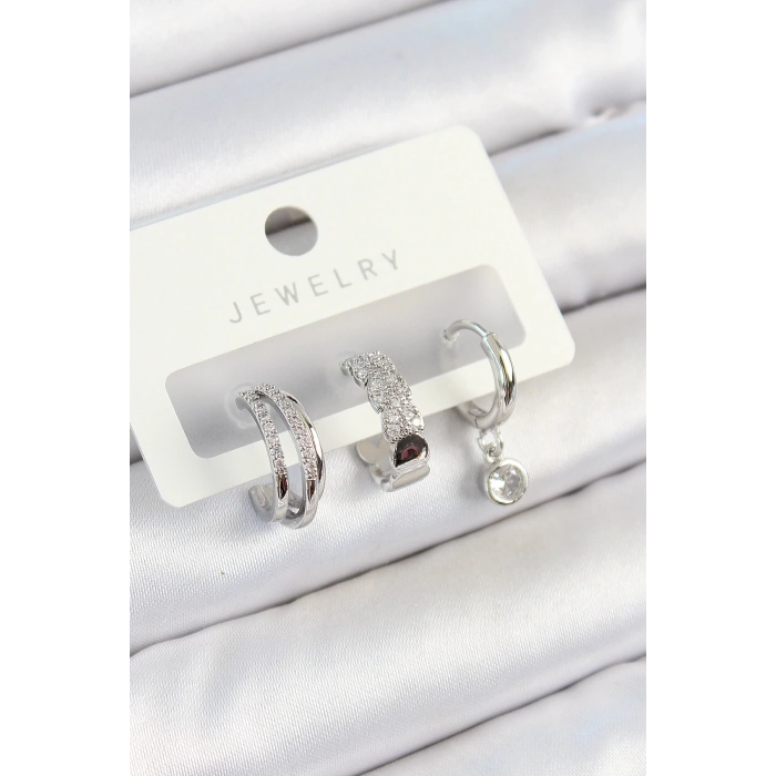 Pirinç Zirkon Taşlı Halka Model Gümüş Renk 3lü Çift Kadın Küpe Set