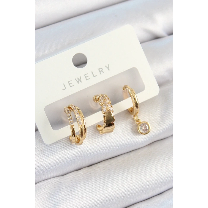 Pirinç Zirkon Taşlı Halka Model Gold Renk 3lü Çift Kadın Küpe Set