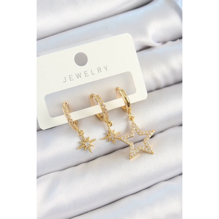 Pirinç Zirkon Taşlı Yıldız Model Gold Renk 3lü Çift Kadın Küpe Set