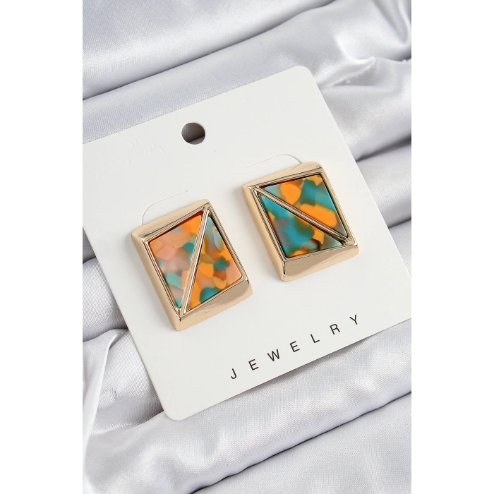 Pirinç  Turuncu Yeşil Üçgen Kesim Detaylı Kare Model Vintage Gold Renk Kadın Küpe