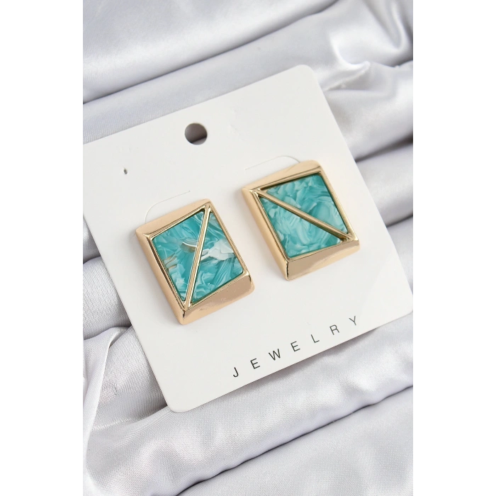 Pirinç Turkuaz Üçgen Kesim Detaylı Kare Model Vintage Gold Renk Kadın Küpe