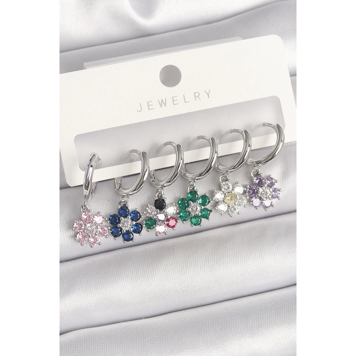 Pirinç Gümüş Renk Sallantı Renkli Zirkon Taşlı Çiçek Model Kadın Küpe Seti