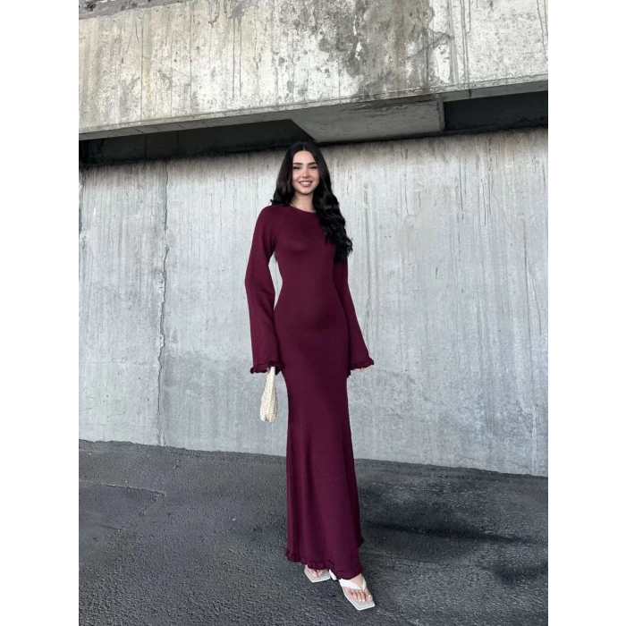 Acık Sırt Detaylı Maxi Uzun Boy Elbise- Bordo