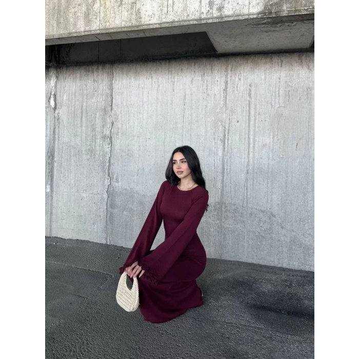 Acık Sırt Detaylı Maxi Uzun Boy Elbise- Bordo