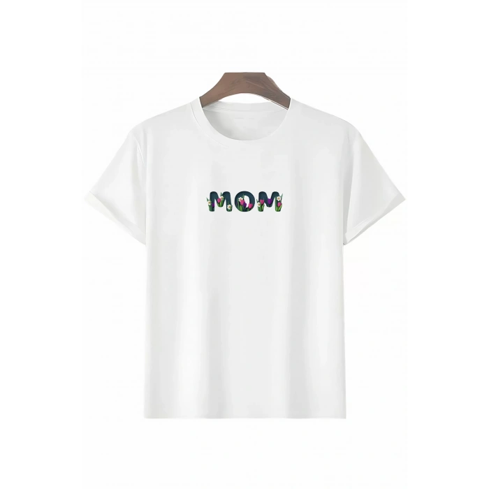 Anneler Gününe Özel Tasarım mom Çiçek Baskılı T-shirt - Beyaz