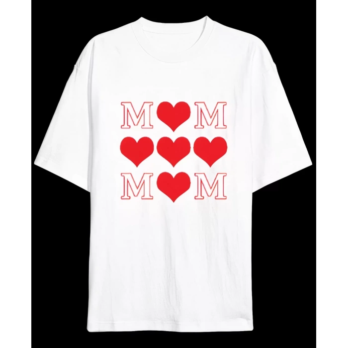 Anneler Gününe Özel Tasarım MOM Kalp Baskılı T-shirt - Beyaz