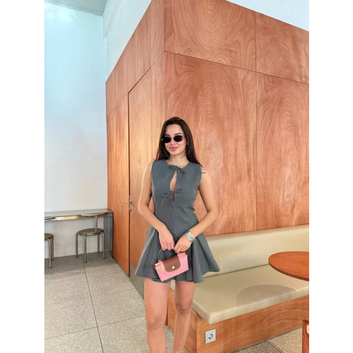 Bağcık detaylı Kolsuz Mini Elbise - Antrasit