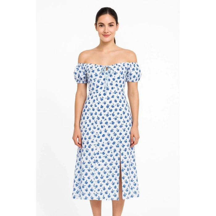 Bardot Omuzu Acık Çiçek Desenli Elbise - Desenli